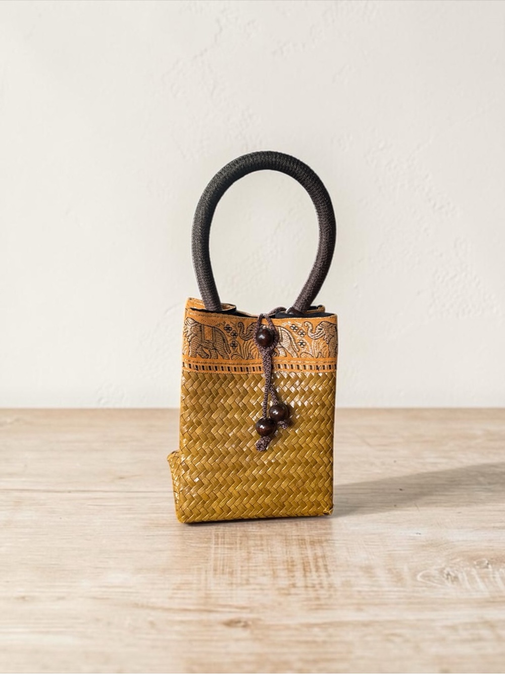 Handwoven Rattan Mini Tote Bag with Elephant Print Fabric Trim - Mustard Color